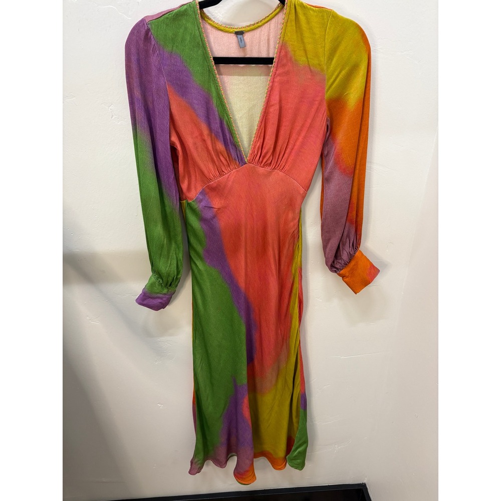 Free People Blank NYC Tie Dye Midi Dress Long Sleeve V-Neck Multi-Color Small
